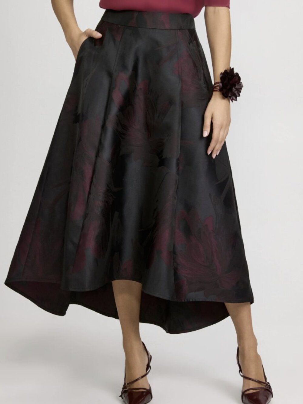 Floral Satin Skirt, Black and Red, Laura